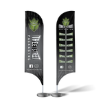 12 foot tall feather flag with a metal stand base for trade shows to offer brand attention.