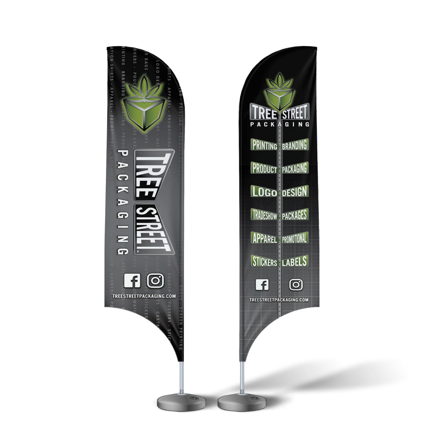 12 foot tall feather flag with a metal stand base for trade shows to offer brand attention.