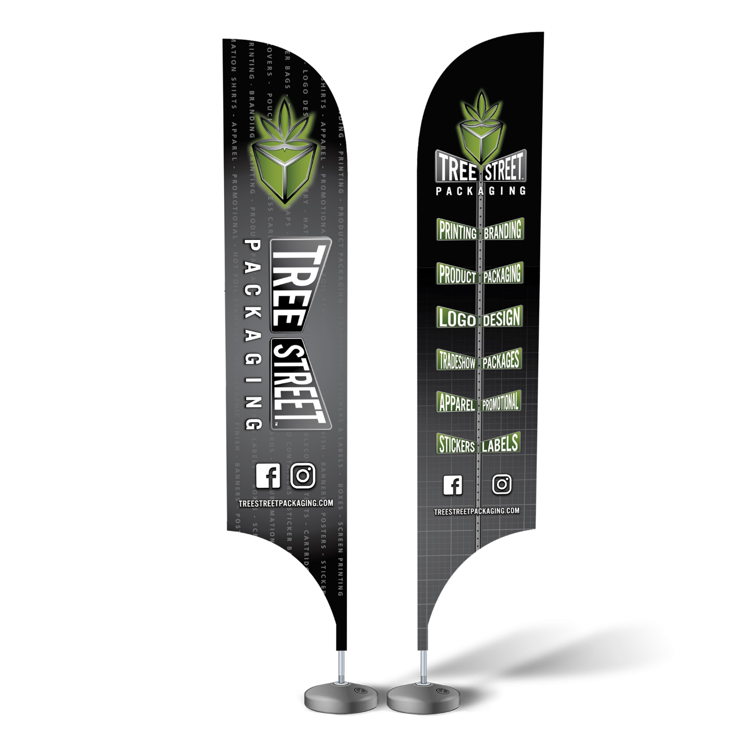 15 foot tall feather flag with a metal stand base for trade shows to offer brand attention.
