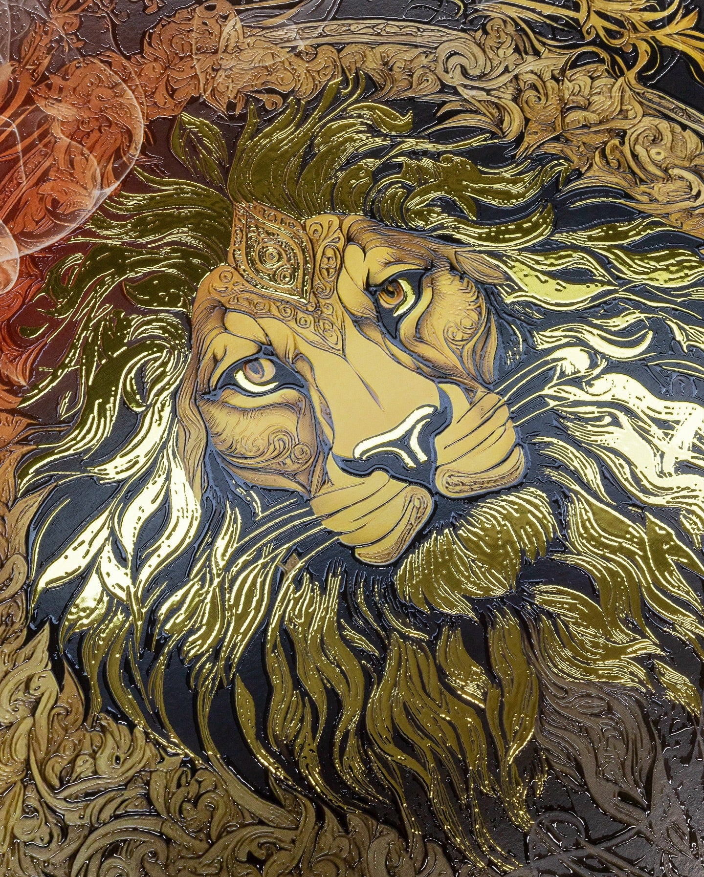 Decorative illustration of a lion with intricate patterns and gold accents