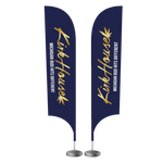 15 foot tall feather flag with a metal stand base for trade shows to offer brand attention.