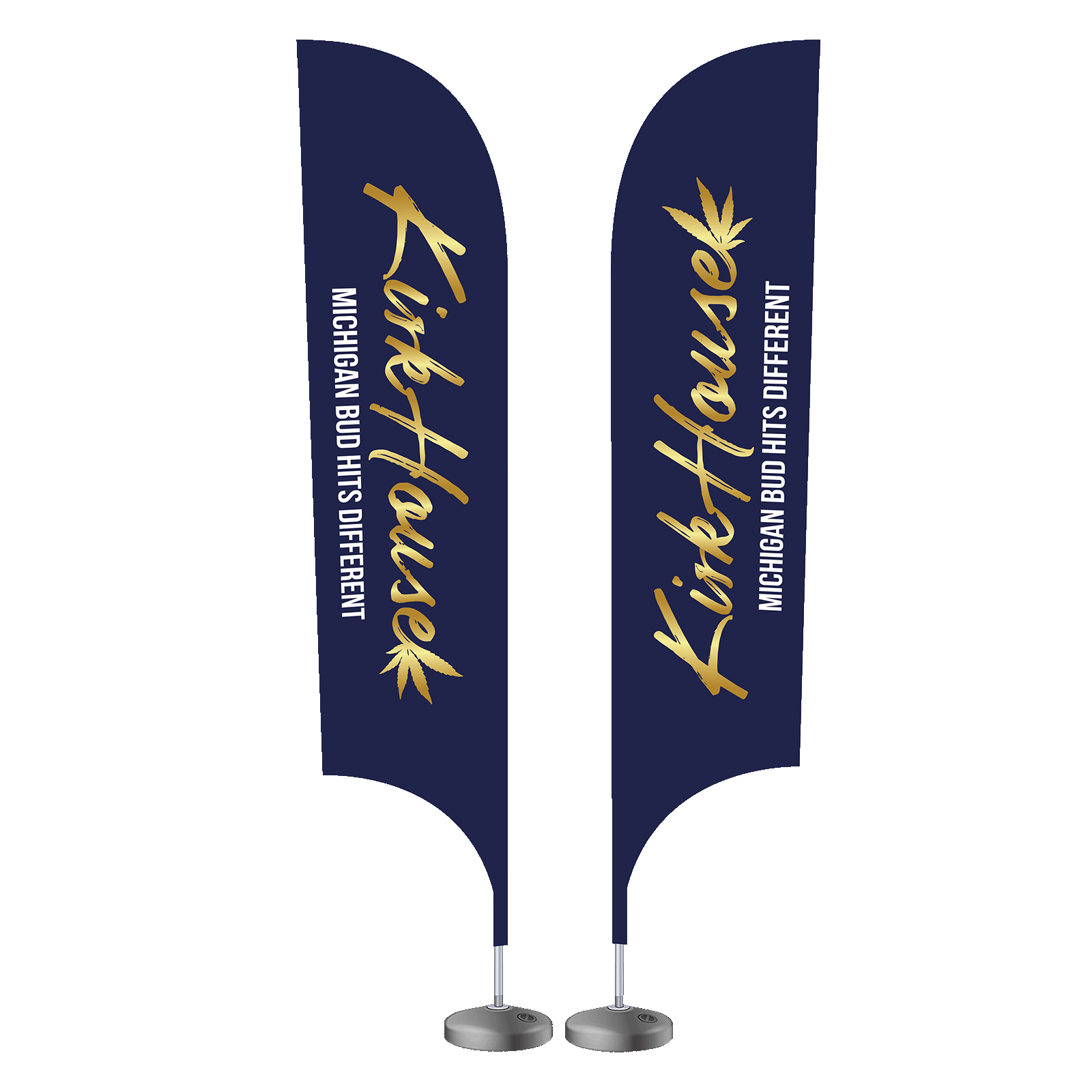 15 foot tall feather flag with a metal stand base for trade shows to offer brand attention.