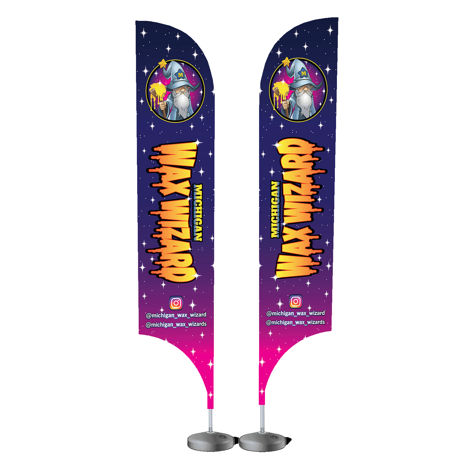 15 foot tall feather flag with a metal stand base for trade shows to offer brand attention.