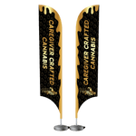 15 foot tall feather flag with a metal stand base for trade shows to offer brand attention.