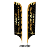 15 foot tall feather flag with a metal stand base for trade shows to offer brand attention.