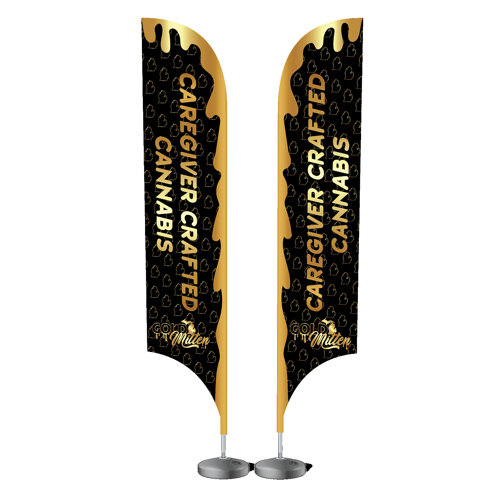 15 foot tall feather flag with a metal stand base for trade shows to offer brand attention.