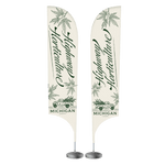 15 foot tall feather flag with a metal stand base for trade shows to offer brand attention.