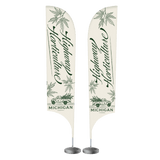 15 foot tall feather flag with a metal stand base for trade shows to offer brand attention.