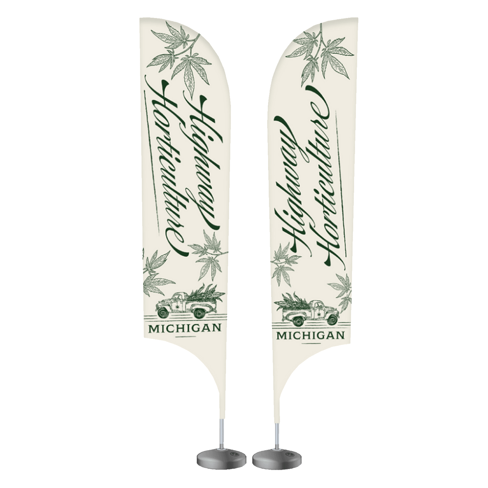 15 foot tall feather flag with a metal stand base for trade shows to offer brand attention.