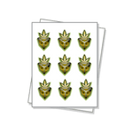 Die cut labels on a white sheet with raised uv and foil embellishements.