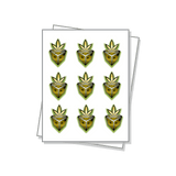 Die cut labels on a white sheet with raised uv and foil embellishements.