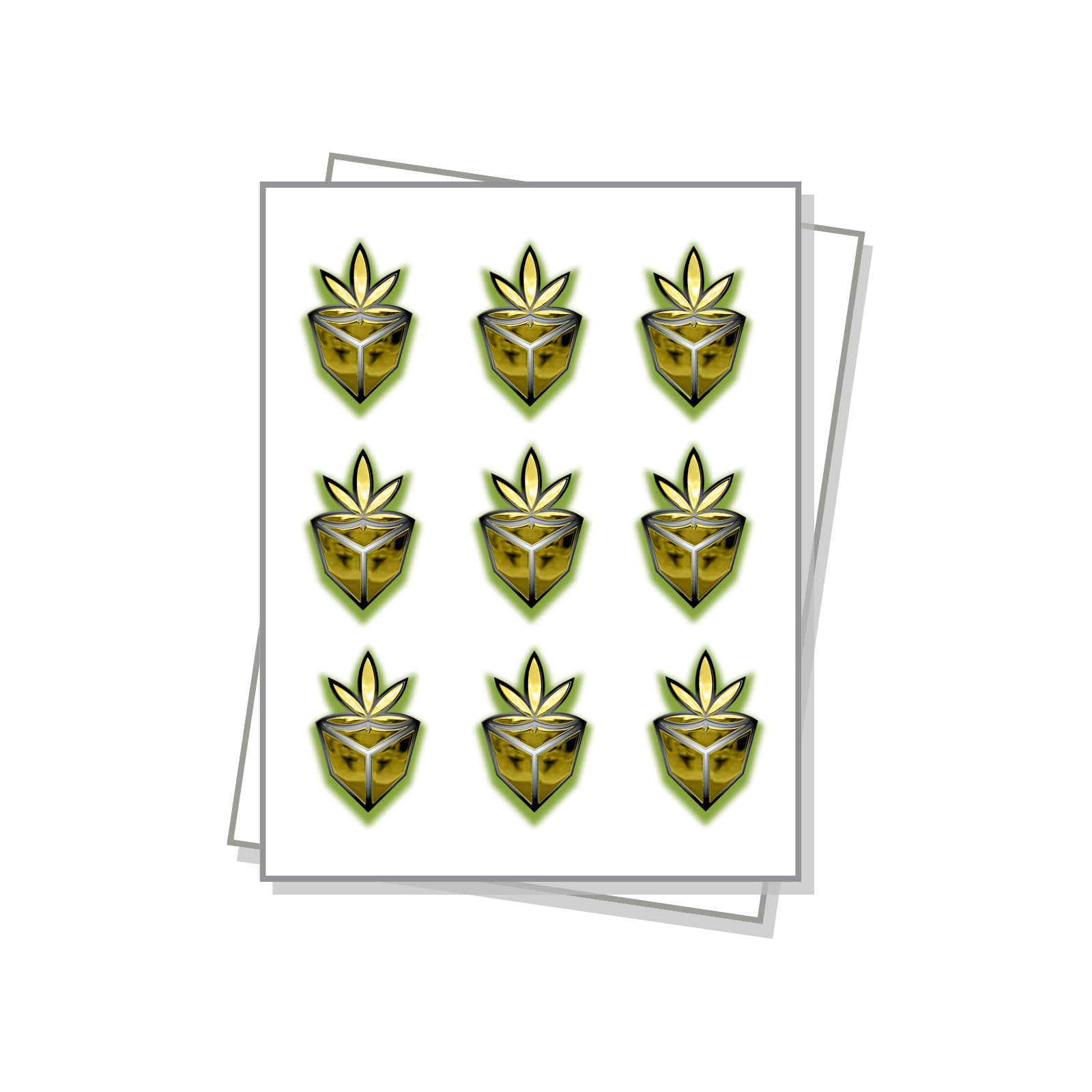 Die cut labels on a white sheet with raised uv and foil embellishements.