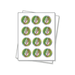 Circle shaped labels with a holographic finish on a white sheet.