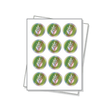 Circle shaped labels with a holographic finish on a white sheet.
