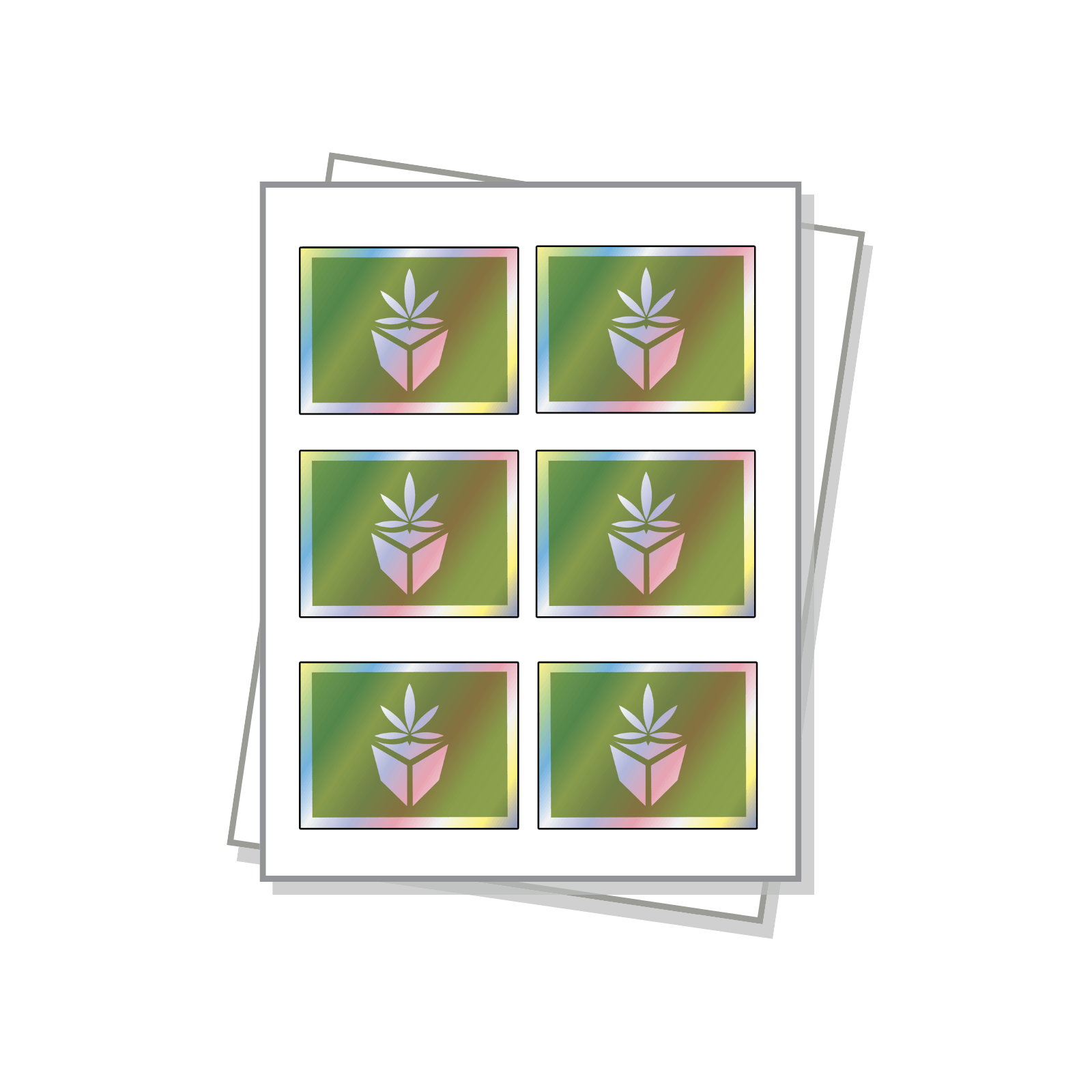 Rectangle shaped labels with a holographic finish on a white sheet.