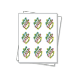 Die cut labels on a white sheet with a holographic finish.