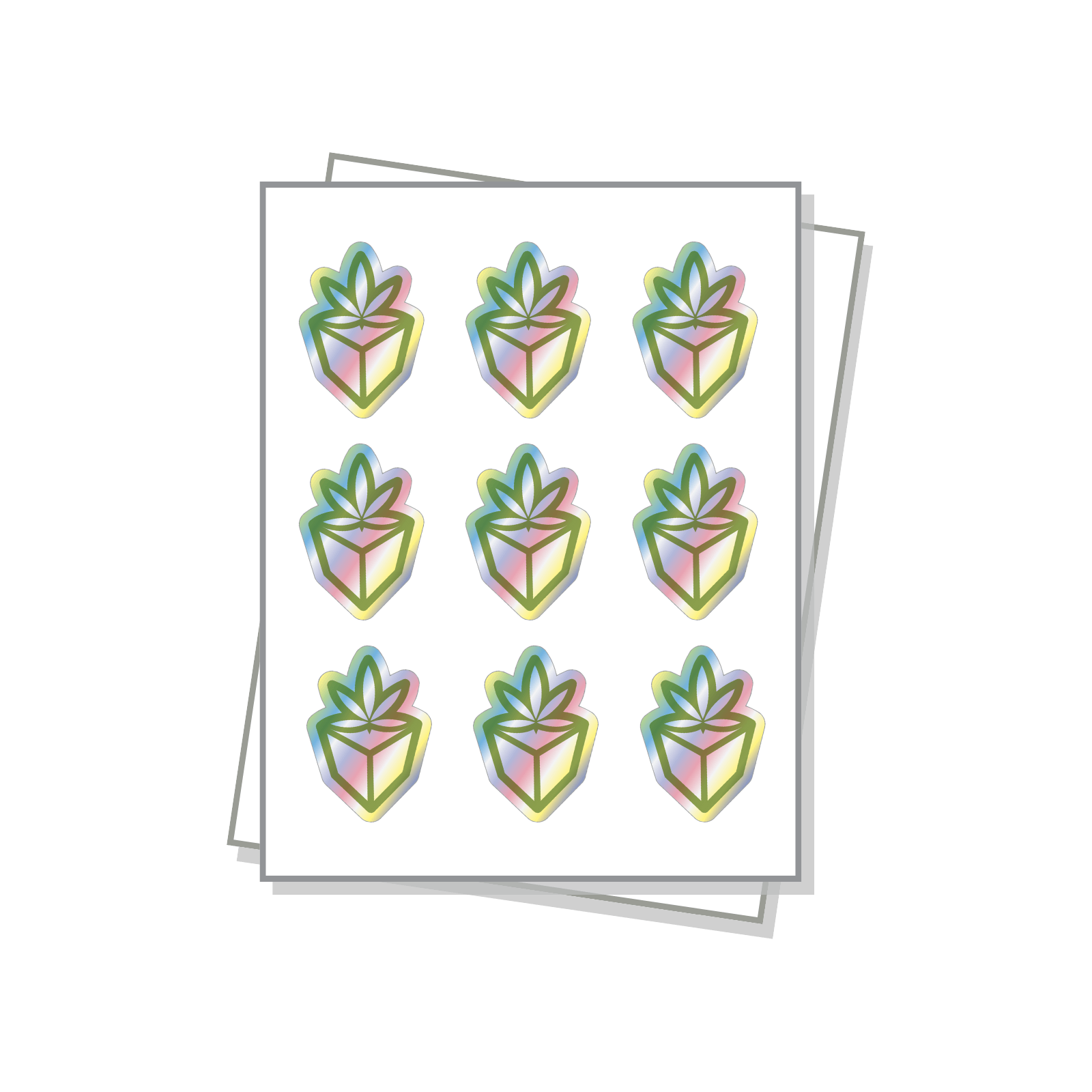 Die cut labels on a white sheet with a holographic finish.