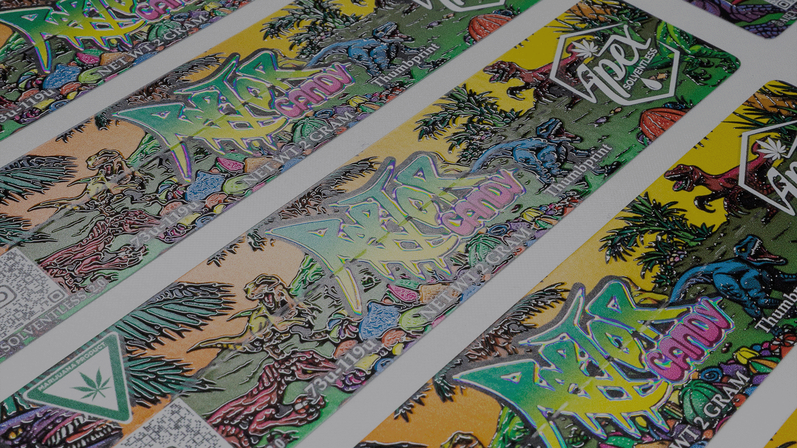 Colorful label graphic for Apex Solventless designs on a textured surface
