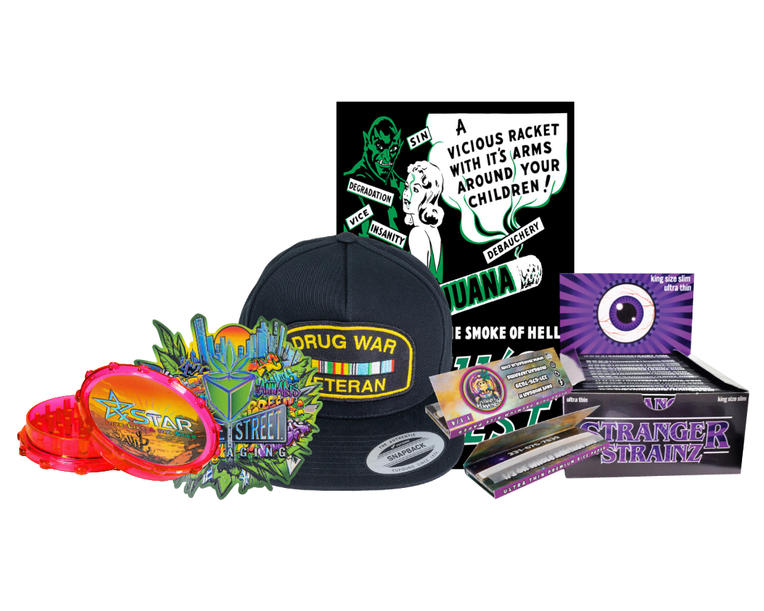 Collection of items including a cap, stickers, grinders, posters, and boxes on a transparent background.