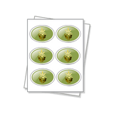 Oval Shaped Labels with raised UV and Foil Embellishments on a white sheet.