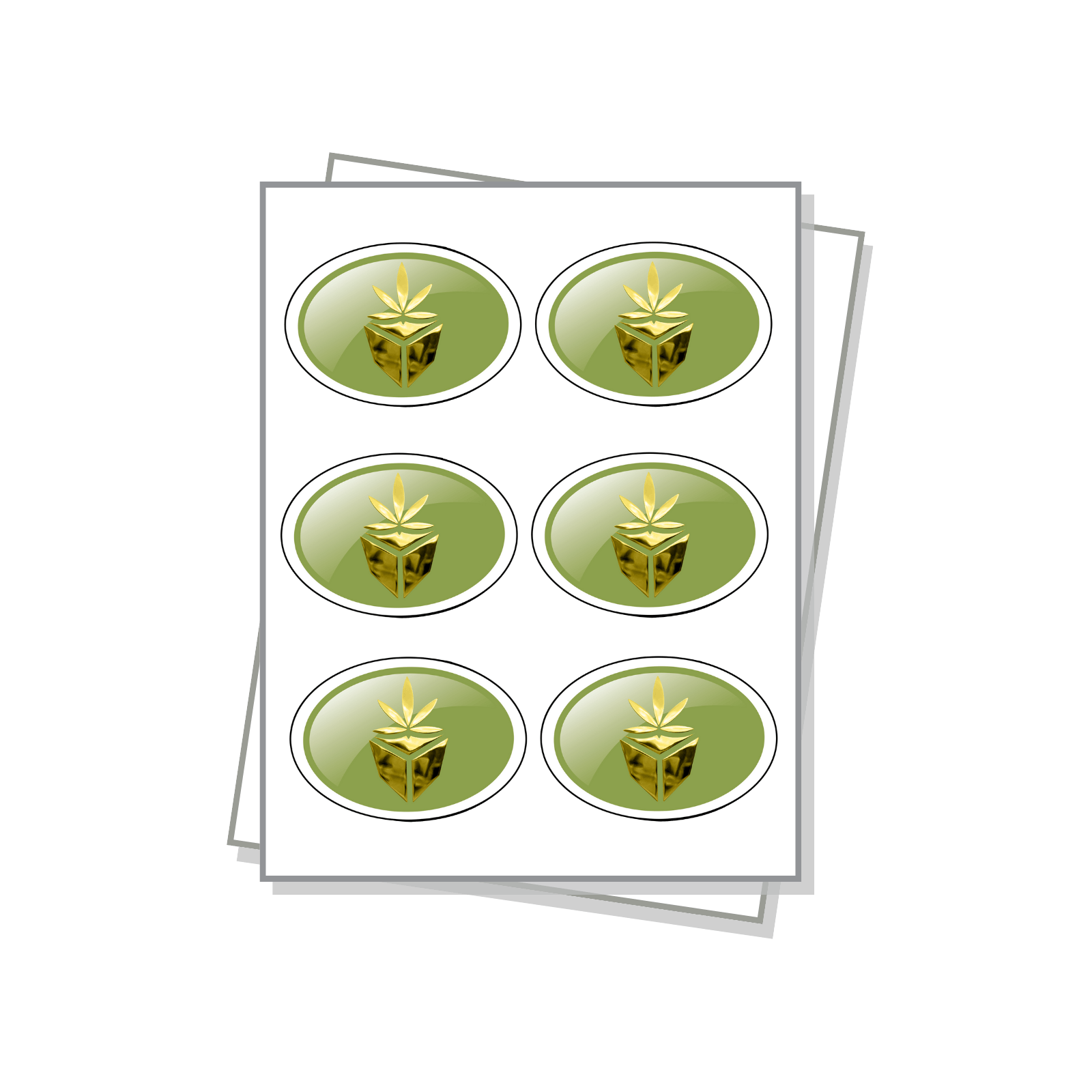 Oval Shaped Labels with raised UV and Foil Embellishments on a white sheet.