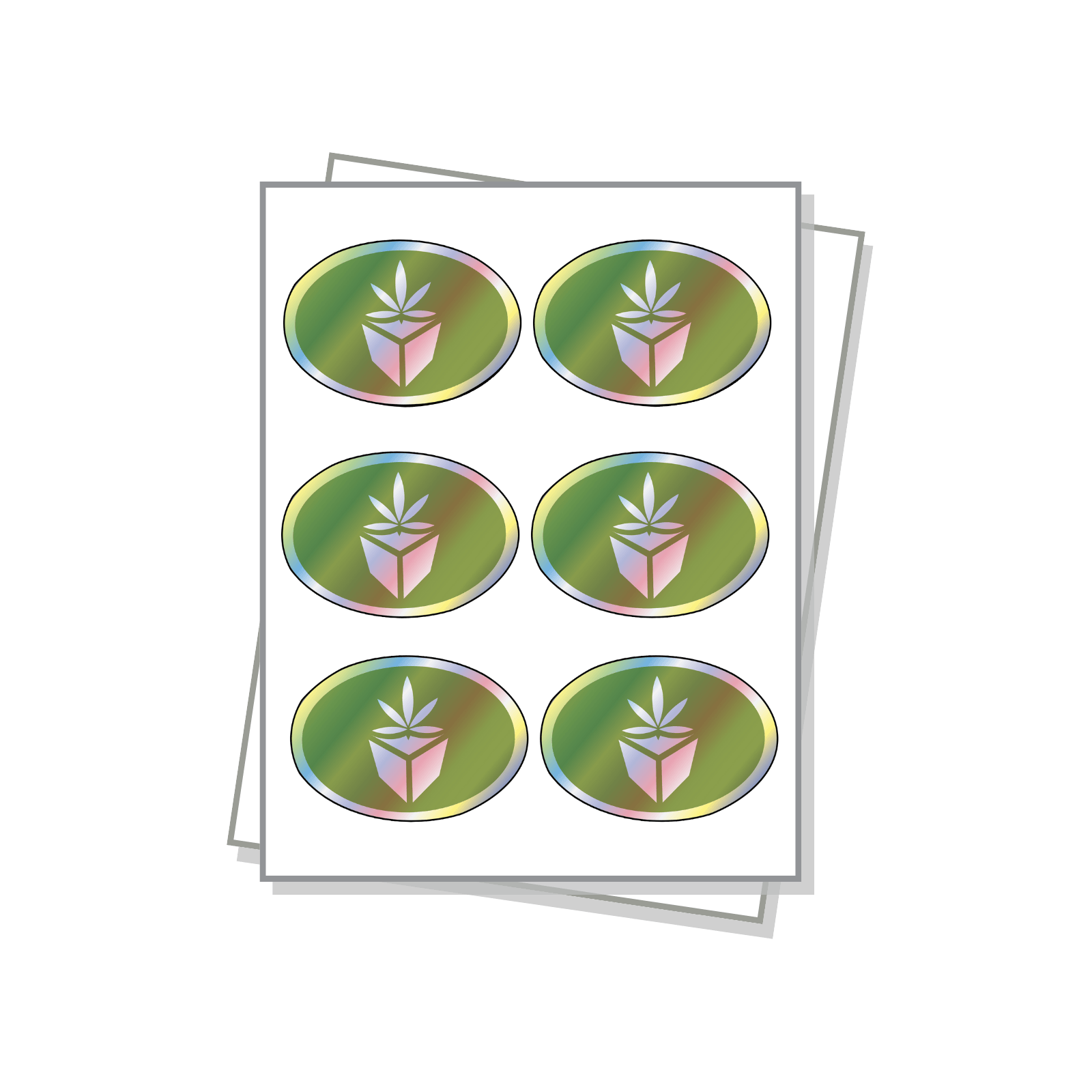 Oval Shaped Labels with a holographic finish on a white sheet.