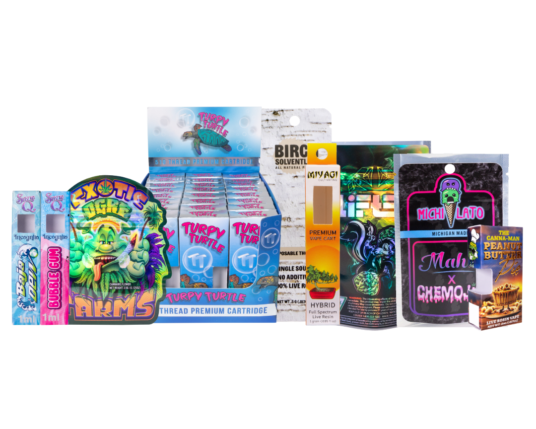 A collection of various packaging solutions with embellished labels in a  group on a transparent background.