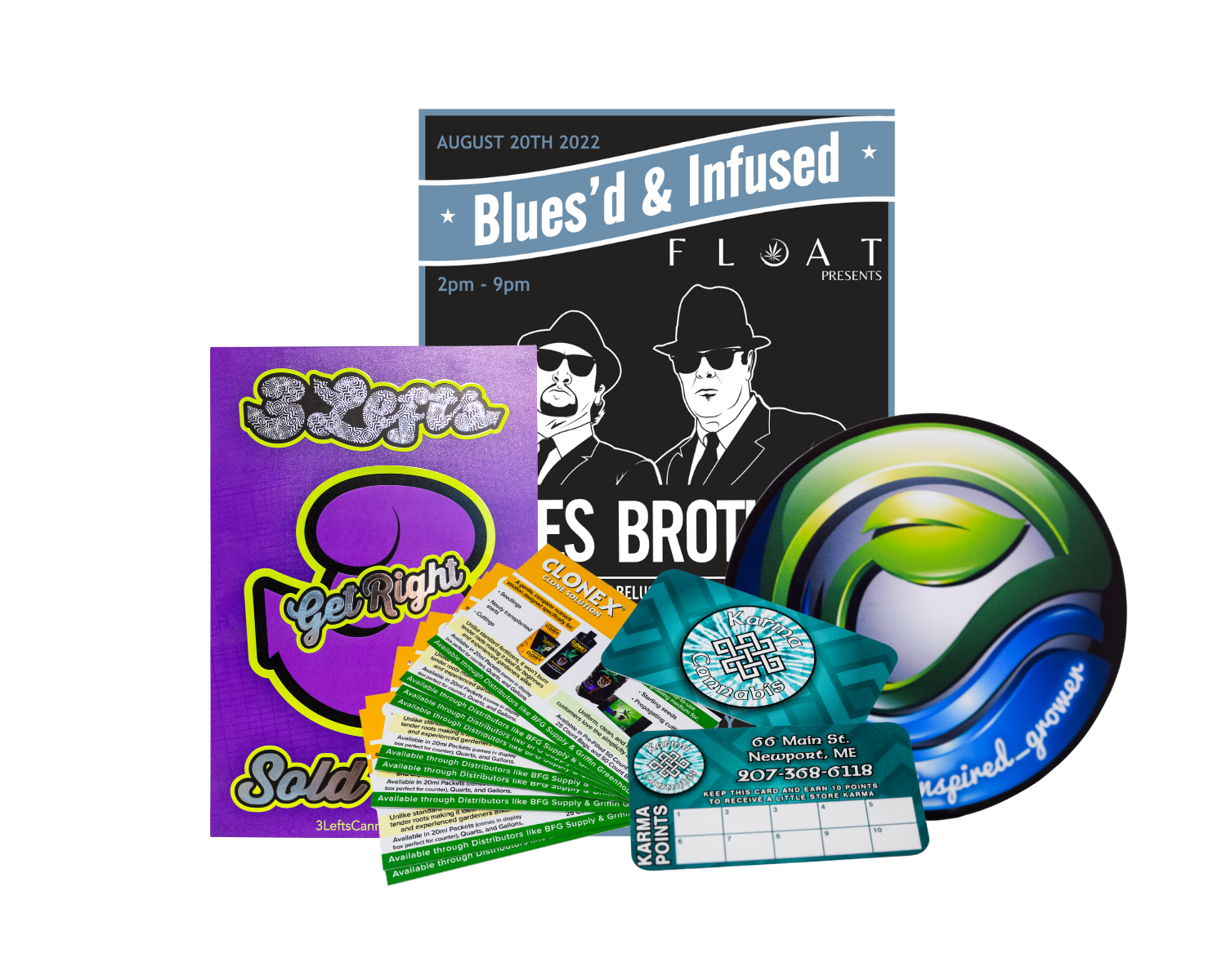 Various promotional materials including loyalty cards, a poster, stickers, and flyers.