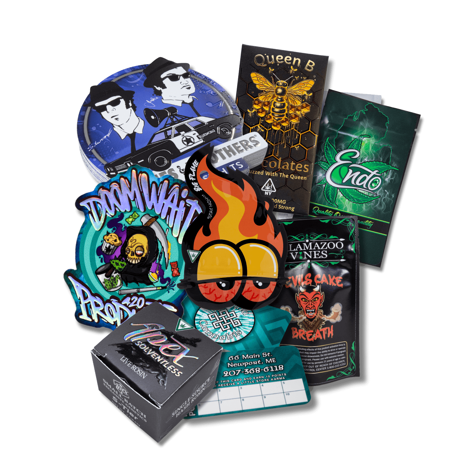 A sample pack group of stickers, boxes, labels, and more from Tree Street Packaging. Order one to feel our quality in your hand before jumping in big time!