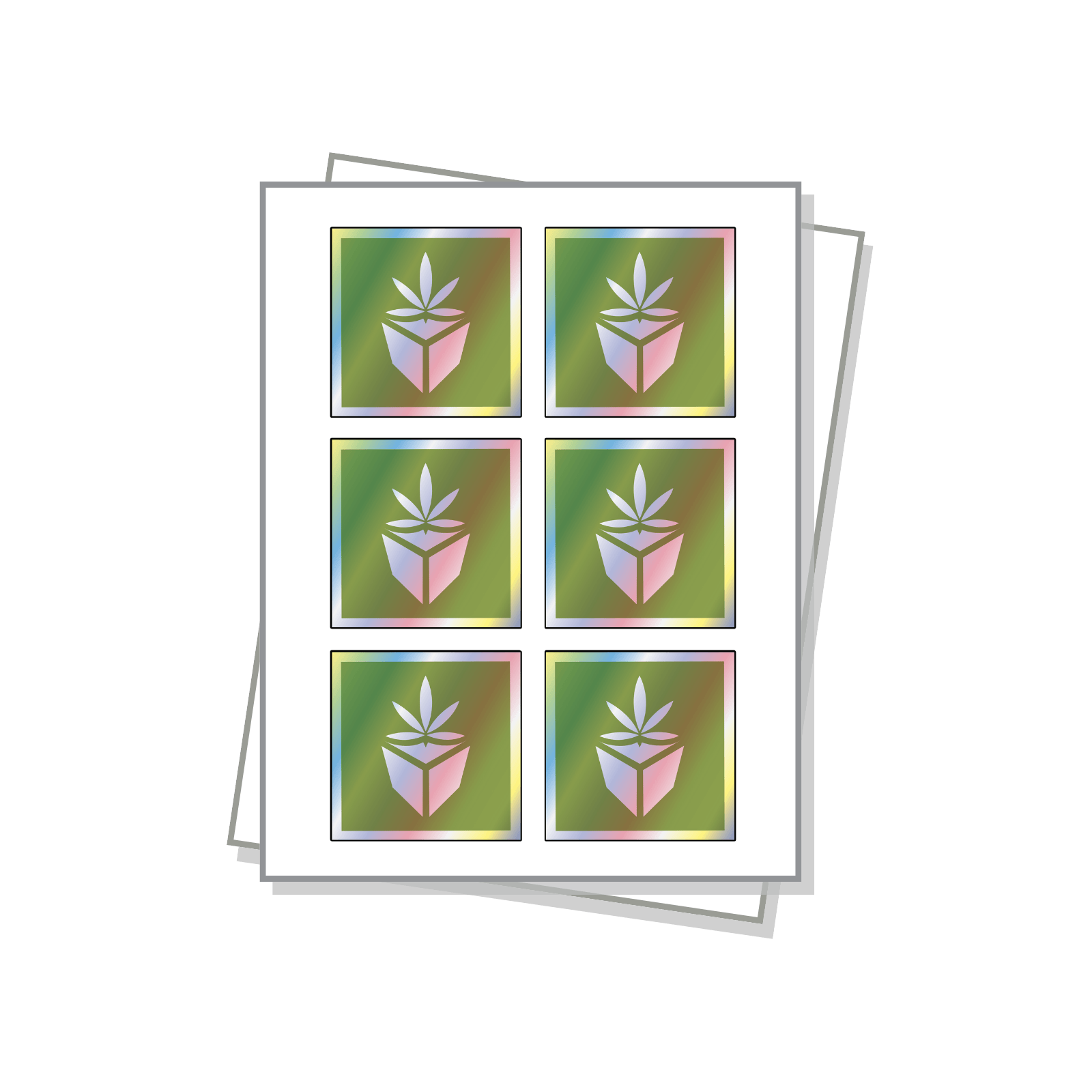 Square Shaped Labels with a holographic finish on a white sheet.