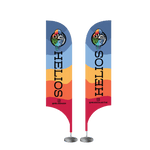 12 foot tall feather flag with a metal stand base for trade shows to offer brand attention.