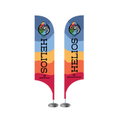 12 foot tall feather flag with a metal stand base for trade shows to offer brand attention.