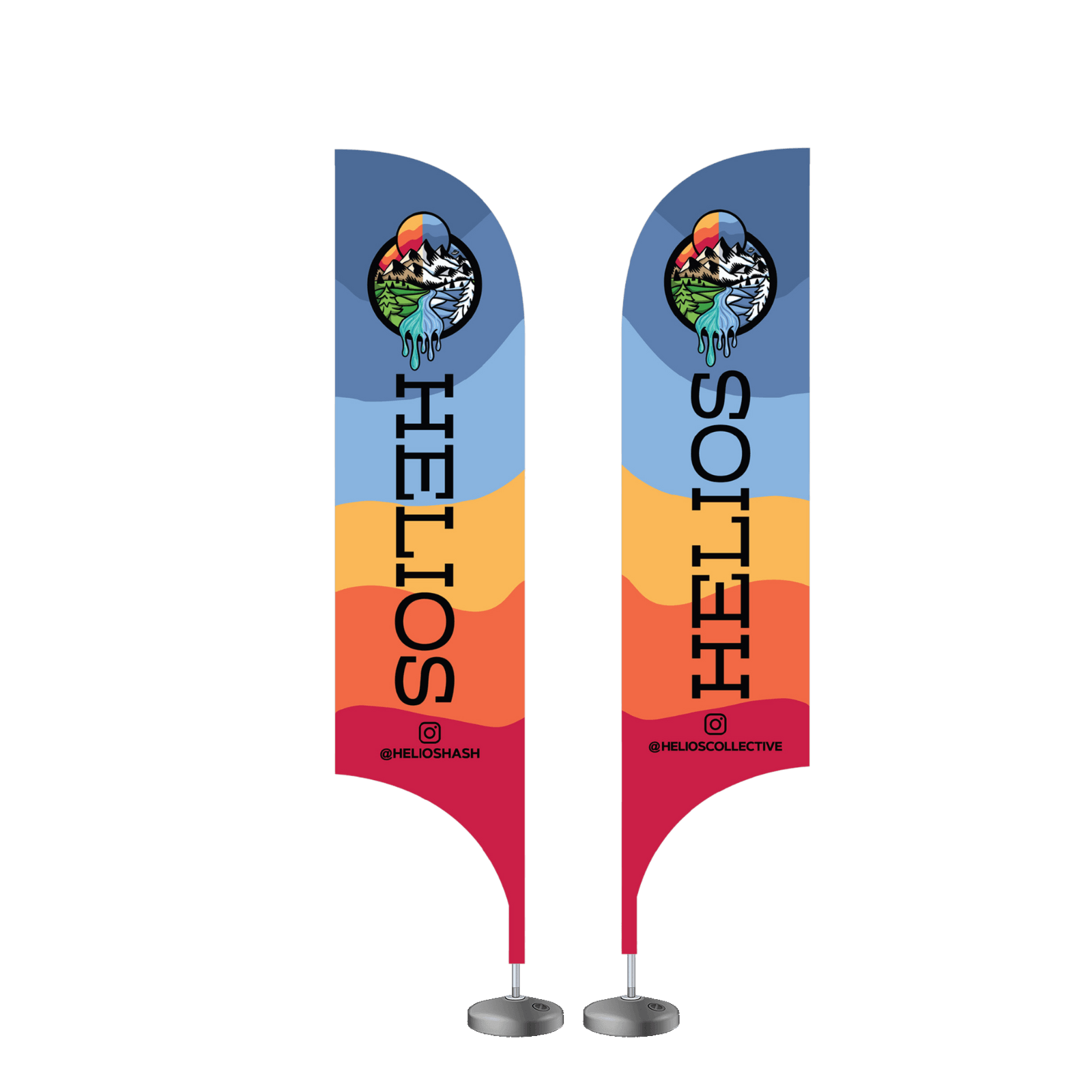 12 foot tall feather flag with a metal stand base for trade shows to offer brand attention.
