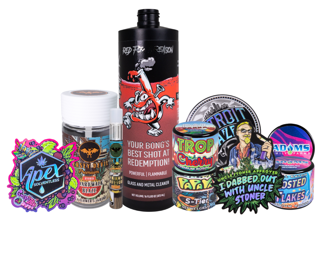 A collection of various packaging solutions with embellished labels in a  group on a transparent background.