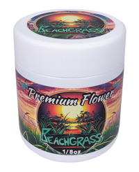 Jar of Beachgrass Premium Flower with colorful label on a white background