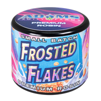 Container of 'Frosted Flakes' premium rosin with colorful label on a white background